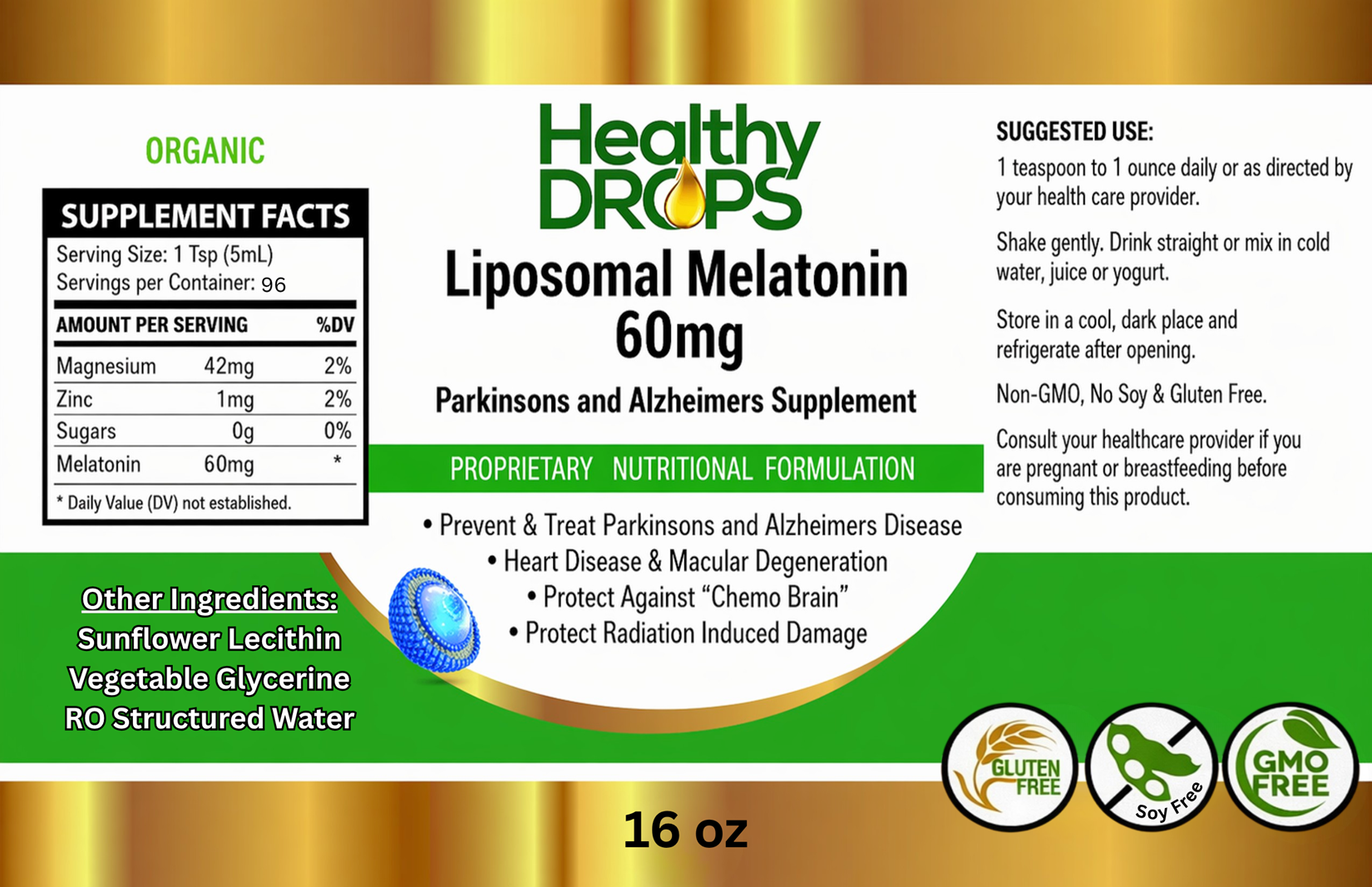 Liposomal Melatonin liquid dietary supplement 16oz bottle Non-GMO Vegan Soy-Free