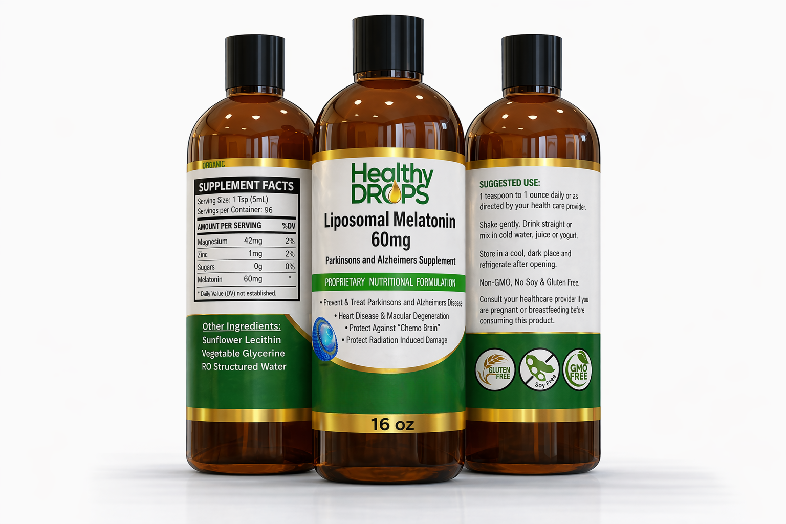 Liposomal Melatonin liquid dietary supplement bottle BPA-free UV-protected