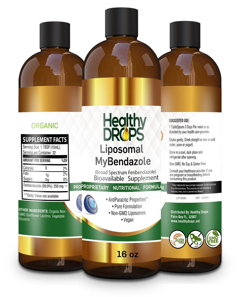 Healthy Drops Liposomal MyBendazole 16oz bottle, featuring organic, non-GMO, and vegan ingredients with anti-parasitic properties and broad-spectrum fenbendazole bioavailability. Includes supplement facts and usage instructions.